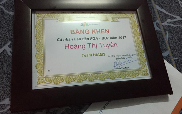 Thành quả xứng đáng từ những cố gắng, nỗ lực của chị Hoàng Thị Tuyên là danh hiệu “Cá nhân tiên tiến FGA.BU7 năm 2017” mà chị đã dành được trong năm qua.