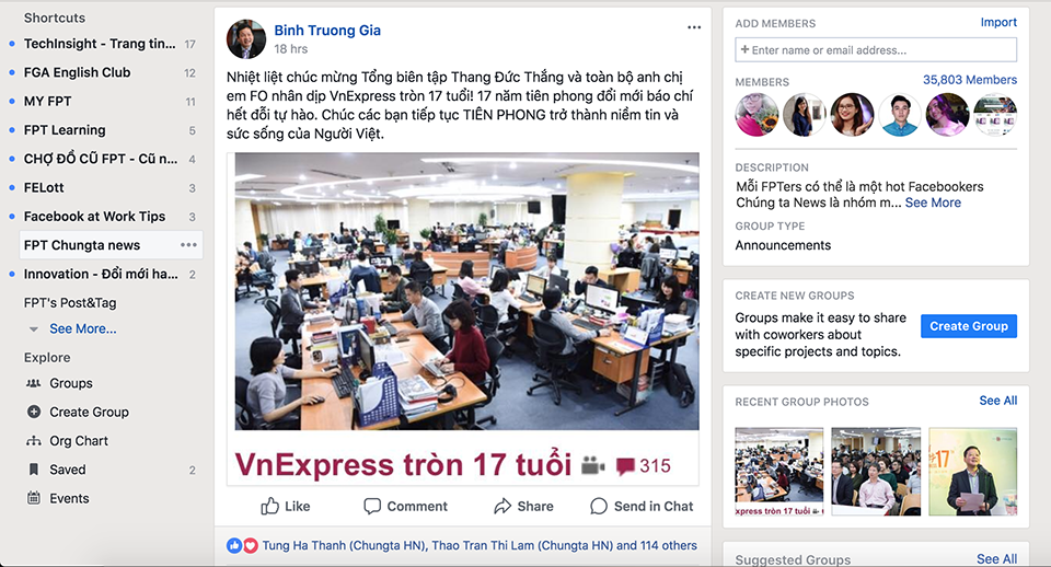 <p class="Normal"> Không thể tới trực tiếp do bận tham gia sự kiện Stiftungsfest đang diễn ra tại Đức, Chủ tịch FPT Trương Gia Bình đã gửi lời chúc tới báo VnExpress trong trang Workplace của FPT.</p>