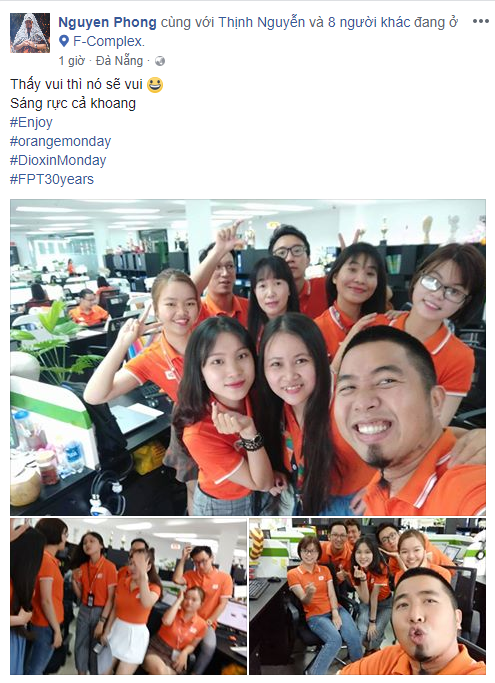 <p> Các CBNV FPT Software Đà Nẵng hồ hởi chụp ảnh khoe sắc cam trên Facebook.</p>