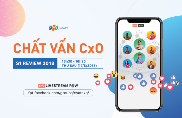 Các lãnh đạo FPT Software tham gia trả lời trực tuyến trong chương trình "Chat with CxO 2017 review" gồm có: Chủ tich Hoàng Nam Tiến; CEO Hoàng Việt Anh; CHRO Đỗ Ngọc Hoàng; CSO Bùi Hoàng Tùng; CDO Đào Duy Cường và CTO Trần Huy Bảo Giang.