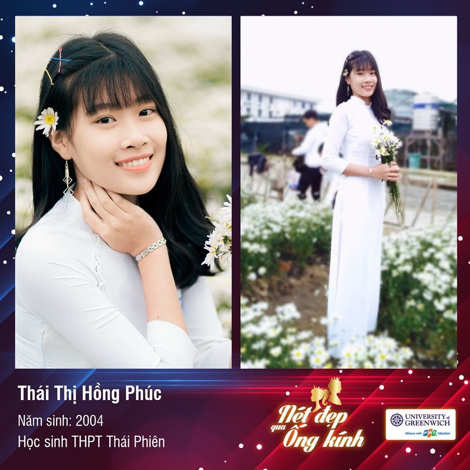 <p style="text-align:justify;"> Nữ sinh Thái Thị Hồng Phúc, THPT Thái Phiên, sở hữu vẻ đẹp nhẹ nhàng và trong sáng. Bức ảnh của cô gái hiện có 116 lượt chia sẻ, 132 bình luận và gần 200 lượt thích.</p>
