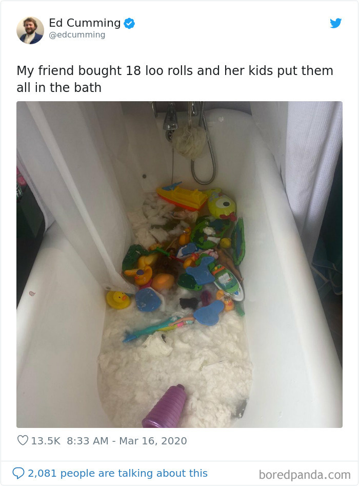 <p> "Bạn tôi mua được 18 cuộn giấy và lũ trẻ nhà cô ấy cho cả xuống bồn tắm".</p>