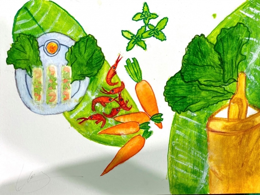 <p style="text-align:justify;"> Bức tranh màu sáp của sinh viên Nguyễn Phương Thanh thể hiện hình ảnh các nguyên vật liệu như: tôm, rau, nước chấm... của món gỏi cuốn.</p>