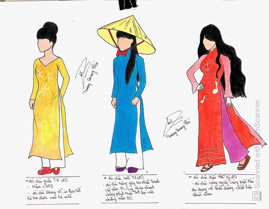 <p style="text-align:justify;"> Sinh viên Trương Quang Thái giới thiệu các kiểu áo dài - trang phục truyền thống của người Việt, như: áo dài Trần Lệ Xuân, áo dài truyền thống và áo dài cách tân.</p>