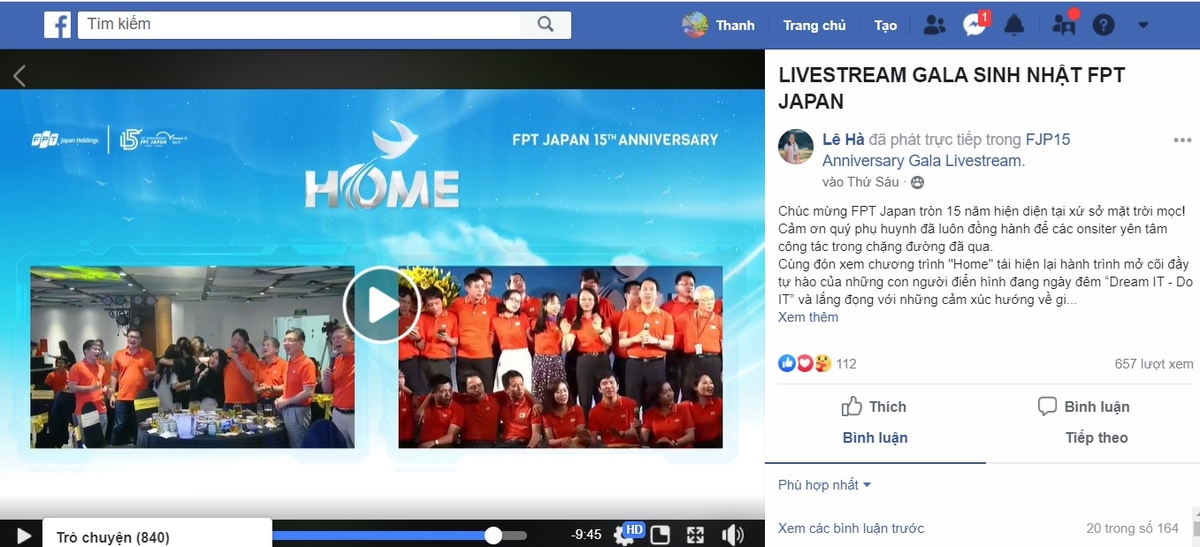 <div style="text-align:justify;"> Ngoài 2 đầu cầu Hòa Lạc - Nhật Bản, trong lúc sự kiện diễn ra, tại hàng nghìn điểm cầu khác, các CBNV FPT Japan và người thân cũng đang xem chương trình thông qua livestream.</div>