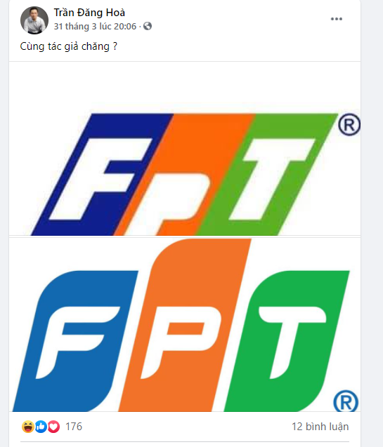 <p> COO FPT Software Trần Đăng Hòa ghép logo mới với góc bo tròn và logo cũ của FPT với câu hỏi: Cùng tác giả chăng?</p>