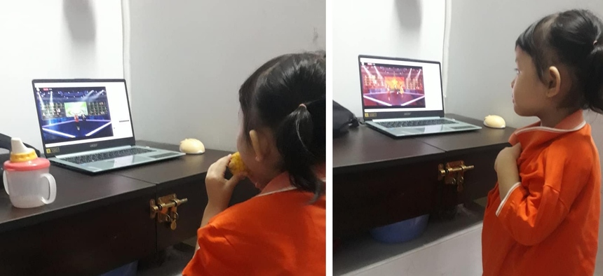 <p class="Normal"> Chị Thắm Nguyễn chia sẻ hình ảnh đáng yêu của cô con gái nhỏ đã dậy sớm "tranh thủ gặm bắp" và mặc chiếc áo cam để tham dự sinh nhật FPT 33 năm.</p>