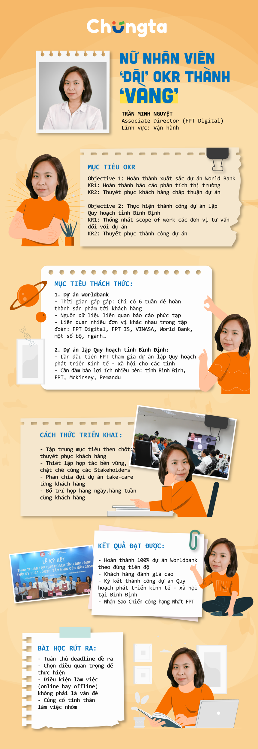 <p class="Normal" style="text-align:justify;"> Cả 2 dự án Trần Minh Nguyệt phụ trách trong quý II/2021 đều là OKR mang tính chiến lược. Do vậy, chị Nguyệt vận hành hết khả năng, tìm tòi các mối quan hệ cùng thiết lập teamwork chặt chẽ để hái "trái ngọt" về công ty. Đặc biệt, dự án Quy hoạch tỉnh Bình Định được Chủ tịch FPT Trương Gia Bình đánh giá cao. Anh Bình cho biết, anh có dự cảm đây sẽ là dự án nâng tầm FPT. “Chúng ta phải nhìn nhận câu chuyện ở tầm vĩ mô hơn, sứ mệnh của FPT là đóng góp, phụng sự quốc gia. Chúng ta sẽ tham gia tập hợp lực lượng doanh nghiệp, tích hợp sức mạnh ngoại giao, nông nghiệp, công thương để phát triển đất nước”.</p>