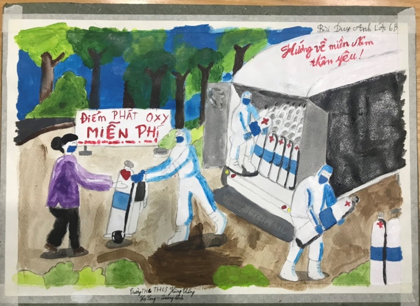 <p class="Normal"> "Hướng về miền Nam thân yêu" của Bùi Duy Anh, 14 tuổi, ở Quảng Ninh. Em bị câm điếc bẩm sinh, vẫn hướng trọn trái tim mình về miền Nam thân yêu.</p> <p class="Normal"> Người F có thể mua tranh tại đây <a href="https://vlight.vnexpress.net/huong-ve-mien-nam-than-yeu-279252"><span>https://vlight.vnexpress.net/huong-ve-mien-nam-than-yeu-279252 </span></a></p> <p class="Normal"> Ca sĩ Hà Anh Tuấn cũng chia sẻ: "Tôi không nghĩ người lớn chúng ta sẽ phán xét bức tranh nào xấu hay đẹp. Quan trọng nhất, chúng ta sẽ hiểu những giấc mơ tốt đẹp, lương thiện và mãnh liệt của các bé".</p>