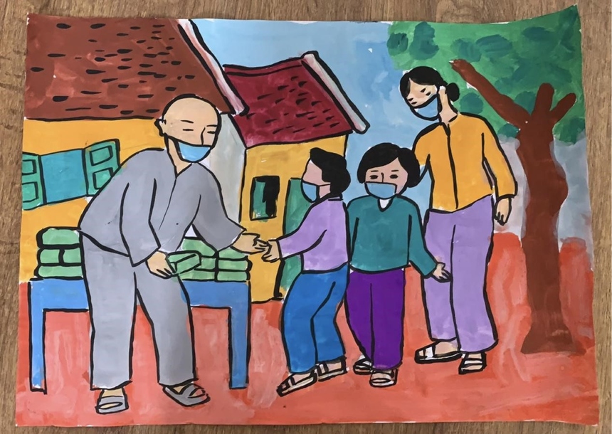 <p class="Normal"> “Tưởng nhớ chú Cường ‘béo’”, tác phẩm của bé Đoàn Trọng Nghĩa (8 tuổi), ở Hải Phòng. Đây là lời tri ân chú Vũ Quốc Cường - người đã hy sinh vì nhiễm Covid trong khi tham gia hỗ trợ thực phẩm cho người dân gặp khó khăn. Bé Nghĩa mắc chứng tự kỷ, chậm phát triển tâm thần, nên cha phải nghỉ trông em. Đây là tác phẩm đầu tiên Nghĩa chịu hợp tác để hoàn thành bức tranh, chỉ một điều bé nhỏ cũng khiến gia đình em thấy ấm áp.</p> <p class="Normal"> Mua tranh tại đây <a href="https://vlight.vnexpress.net/tuong-nho-chu-cuong-beo-279222">https://vlight.vnexpress.net/tuong-nho-chu-cuong-beo-279222</a> </p>