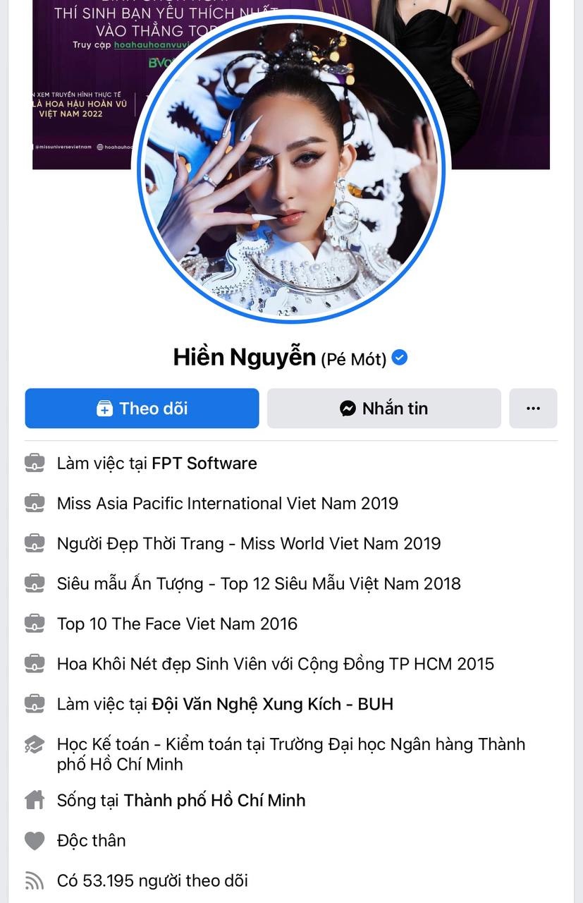 <p> Nguyễn Thị Thu Hiền (bộ phận Nhân sự, dự án C99 - FPT Software) có trang Facebook hơn 53.000 người theo dõi. Ghé thăm trang của người đẹp, mọi người sẽ có dịp "mãn nhãn" với nhiều bức hình nghệ thuật. Gần đây nhất, cô chia sẻ nhiều hình ảnh về hành trình Hoa hậu Hoàn vũ 2022.</p>