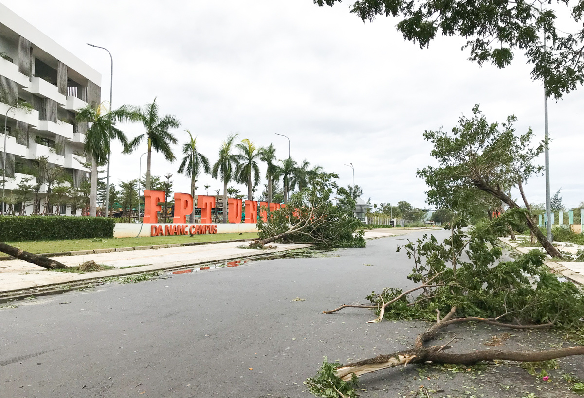 <p> Cơn bão Noru cũng khiến cây xanh tại khu đô thị FPT City gãy đổ. Trong đó, nhiều cây cối nằm ngổn ngang tại campus Đại học FPT. Chị Phùng Thị Loan, Phó Hiệu trưởng THPT FPT Đà Nẵng, cho biết ngay trong chiều nay sẽ huy động cán bộ, giáo viên dọn dẹp, sẵn sàng đón học sinh trở lại trường vào ngày mai (29/9).</p>