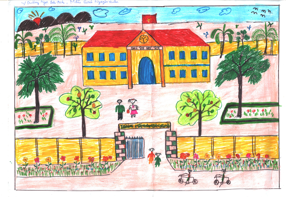 <p class="Normal"> Cô bé Y Dương Ngọc Bảo Anh, 6 tuổi đã vẽ một ngôi trường rất rộng đẹp, có núi non, chim chóc, có tường bao, nhiều loại cây và hoa.</p>