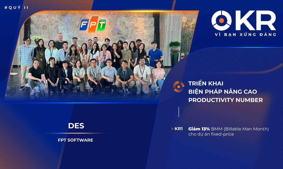 Bằng sự đoàn kết và quyết tâm, nhóm DES của FPT Software xuất sắc hoàn thành mục tiêu OKR quý II “Triển khai biện pháp nâng cao Productivity number”.