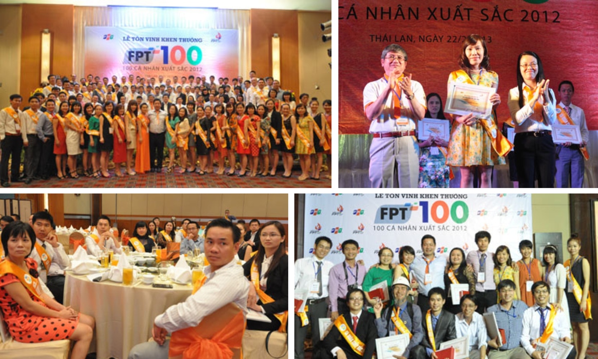 <p class="Normal" style="text-align:justify;"> Từ ngày 22-24/2/2013, 100 cá nhân xuất sắc 2012 đã tham gia chương trình tôn vinh tại Thái Lan. Lễ tôn vinh diễn ra vào tối 22/2 tại khách sạn Amari Watergate, Bangkok. Thời gian còn lại, các thành viên tham gia nhiều hoạt động chung và khám phá Bangkok. Đây là lần thứ hai FPT tổ chức tôn vinh nhân viên xuất sắc tại nước ngoài.</p> <p class="Normal" style="text-align:justify;"> Giữa đất nước chùa Vàng, hàng trăm con người cùng đồng thanh hát những bài hát truyền thống của FPT. Ai thuộc đều có thể hát, không phân biệt lãnh đạo hay nhân viên. Những khoảnh khắc vui vẻ này đã được nhiều người ghi lại bằng điện thoại di động như một món quà, kỷ niệm đáng nhớ của họ tại đất nước Thái Lan xinh đẹp.</p>