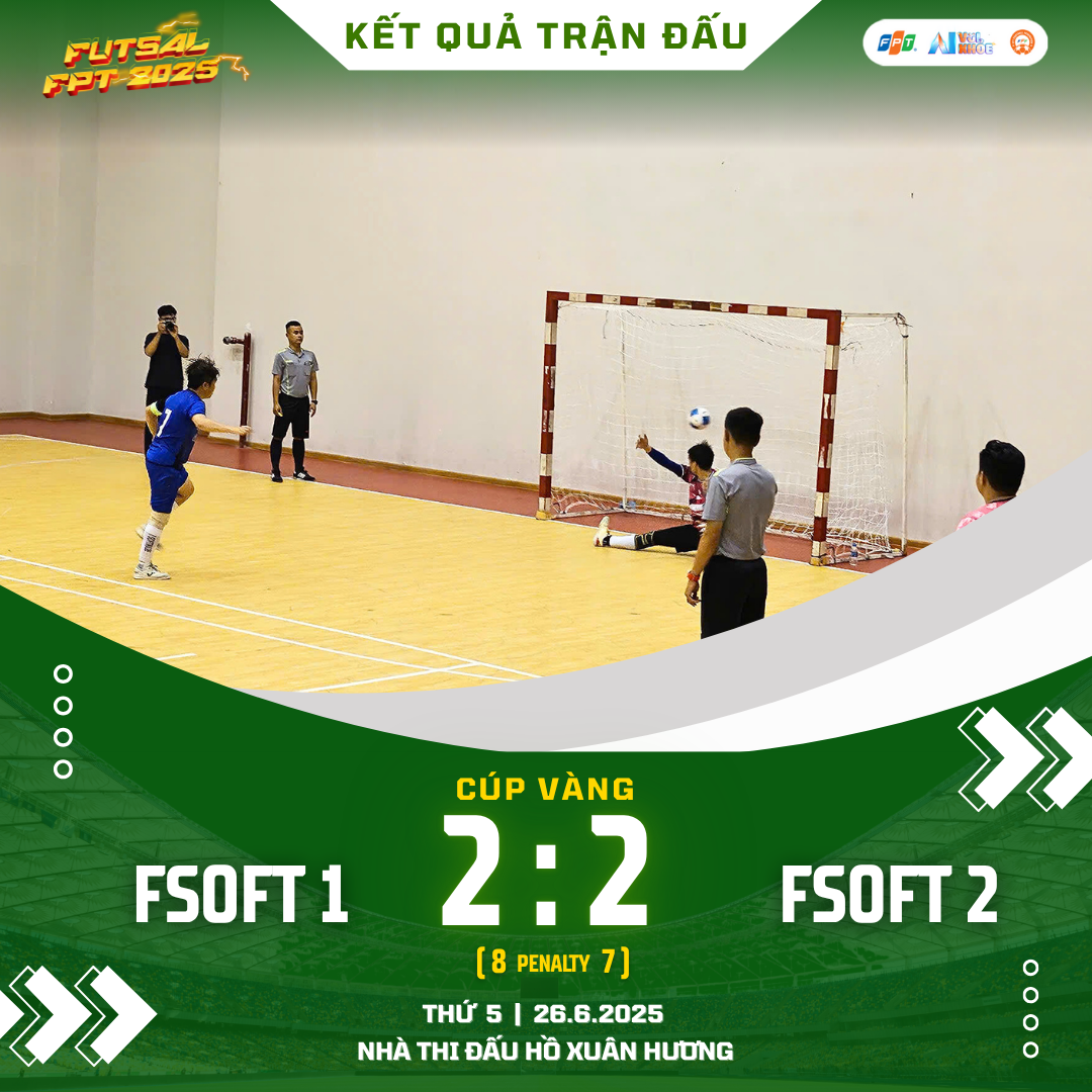 <p class="Normal" style="text-align:justify;"> Trận bán kết cúp vàng đầu tiên của Futsal FPT 2025 chứng kiến màn thư hùng lịch sử giữa hai “kình địch cùng nhà” - FSOFT 1 và FSOFT 2. Trận nội chiến nhanh chóng trở nên kịch tính với những pha trình diễn kỹ thuật đỉnh cao trước tiếng hò reo không ngớt của người hâm mộ.</p> <p class="Normal" style="text-align:justify;"> Ngay phút thứ 2, Trần Đăng Công &lpar;số 15&rpar; bất ngờ mở tỷ số bằng pha phản công sắc lẹm, đưa FSOFT 2 vươn lên giành lợi thế từ rất sớm.</p>