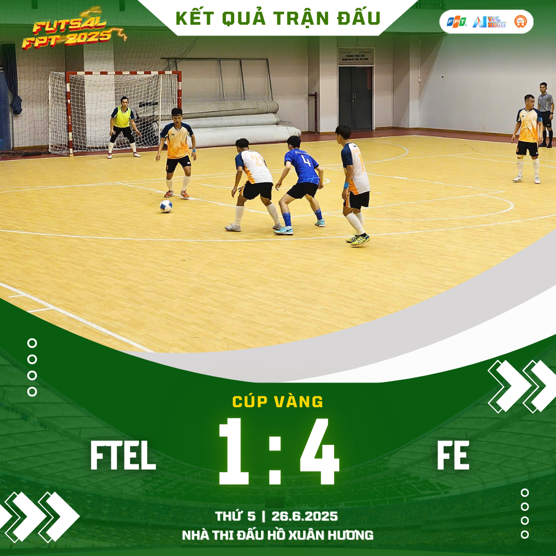 <p class="Normal" style="text-align:justify;"> Trận bán kết thứ hai của là màn so tài được mong đợi giữa đương kim vô địch FTEL và đội bóng trẻ trung, giàu năng lượng FE. Thế nhưng, trái ngược với dự đoán về một thế trận giằng co, FE thi đấu áp đảo ngay từ những phút đầu và tạo bất ngờ lớn nhất giải đấu.</p> <p class="Normal" style="text-align:justify;"> Ngay phút đầu tiên, đội trưởng Thanh Phú &lpar;số 14&rpar; đã khai pháo bằng cú dứt điểm quyết đoán, đưa FE vượt lên dẫn trước. Gáo nước lạnh thứ 2 đến ngay ở phút tiếp theo khi Nguyễn Tấn Đạt &lpar;số 8&rpar; tiếp tục nâng tỷ số lên 2-0, khiến FTEL choáng váng ngay từ đầu trận.</p>