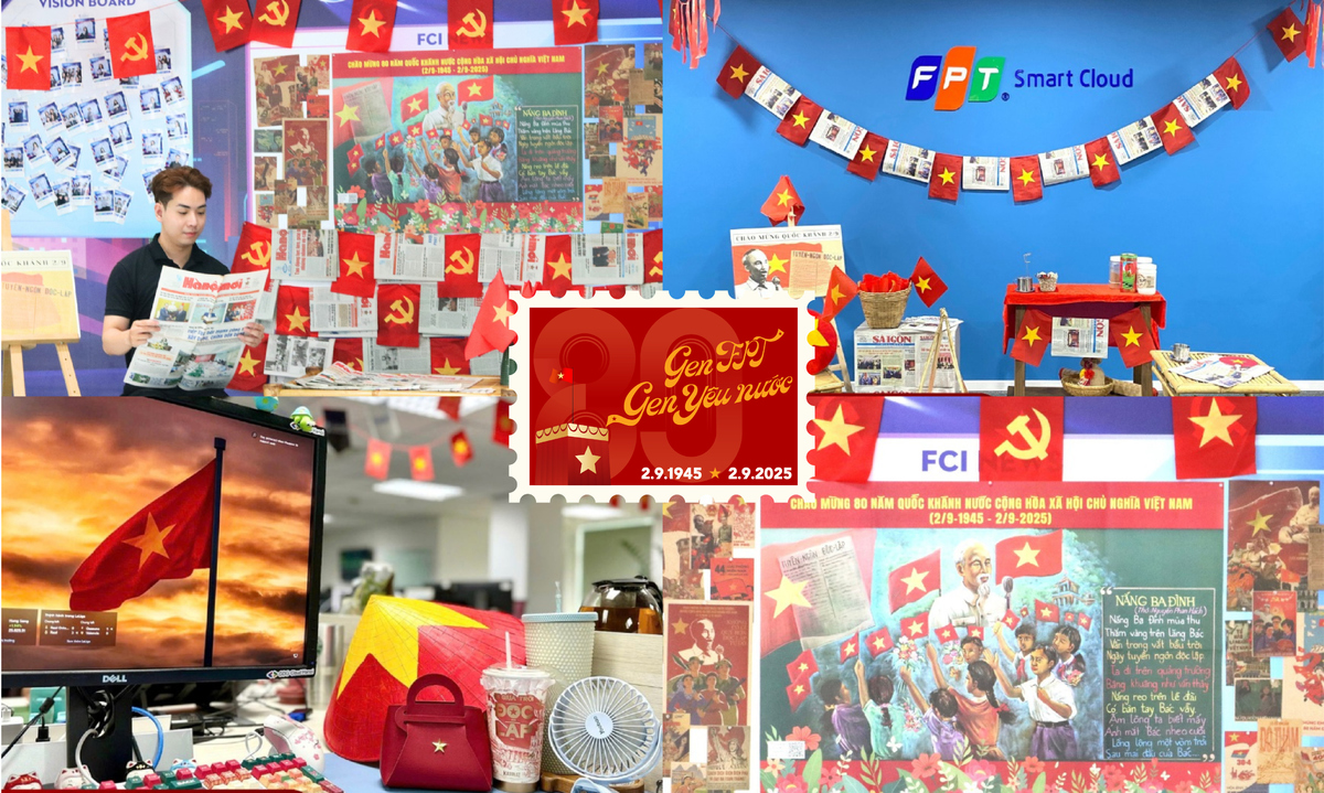 <p class="Normal" dir="ltr" style="text-align:justify;"> "Nếu niềm tự hào có hình dáng thì đó là lá cờ đỏ sao vàng!”. Hiện, văn phòng FPT Smart Cloud hai miền đã ngập trong sắc đỏ. Đơn vị trang hoàng lộng lẫy, trở thành điểm check-in lý tưởng của “con dân yêu nước”. Không chỉ ở khu vực chung, CBNV cũng điểm xuyến cho bàn làm việc của mình bằng những vật dụng nhỏ xinh, gắn với màu đỏ - vàng chủ đạo.</p>