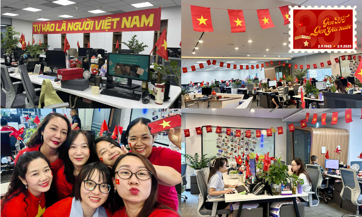 <p class="Normal" dir="ltr" style="text-align:justify;"> Khẩu hiệu “Tự hào là người Việt Nam” được dựng cao một góc trong văn phòng làm việc của FPT Online, bên cạnh cờ đỏ sao vàng để bàn và cả treo cao trên trần nhà. Anh em đơn vị những ngày cận Quốc khánh làm việc khí thế hơn, văn phòng cũng rôm rả và đầy sức sống hơn.</p> <p class="Normal" dir="ltr" style="text-align:justify;"> Các “chị đẹp” khối Kinh doanh của nhà Nội dung số FPT tại Hà Nội tự trang trí cờ đỏ sao vàng và hẹn nhau mặc "dress code" để hưởng ứng “concert quốc gia”.</p>