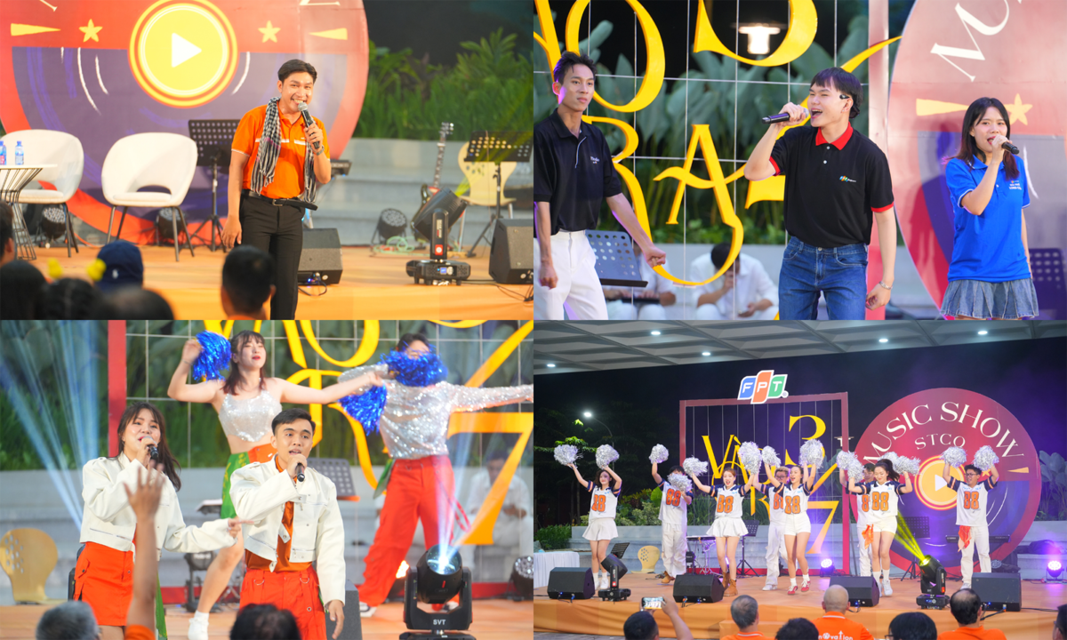 <p class="Normal" dir="ltr" style="text-align:justify;"> Đổi nhịp không khí, quán quân cuộc thi sáng tác STCo - Bùi Quang Minh Nhật - mang đến ca khúc “Lý nhắn sếp” đậm chất dân ca Nam Bộ, được TGĐ Nguyễn Văn Khoa nhận xét là “quá dễ thương”.</p> <p class="Normal" dir="ltr" style="text-align:justify;"> Sau đó, tập thể lãnh đạo tiếp tục khuấy động với <em>Vision FPT</em>.</p> <p class="Normal" dir="ltr" style="text-align:justify;"> Các CTTV cũng lần lượt góp tiết mục sôi động: FPT Retail với “FShop Long Châu”, Giáo dục FPT - anh Nguyễn Cang Đảm hát “Chúng tôi là FPT”, Viễn thông FPT với “Triệu trái tim - Một sứ mệnh”, và phần nhảy APT - FPT Software từ Phần mềm FPT.</p>