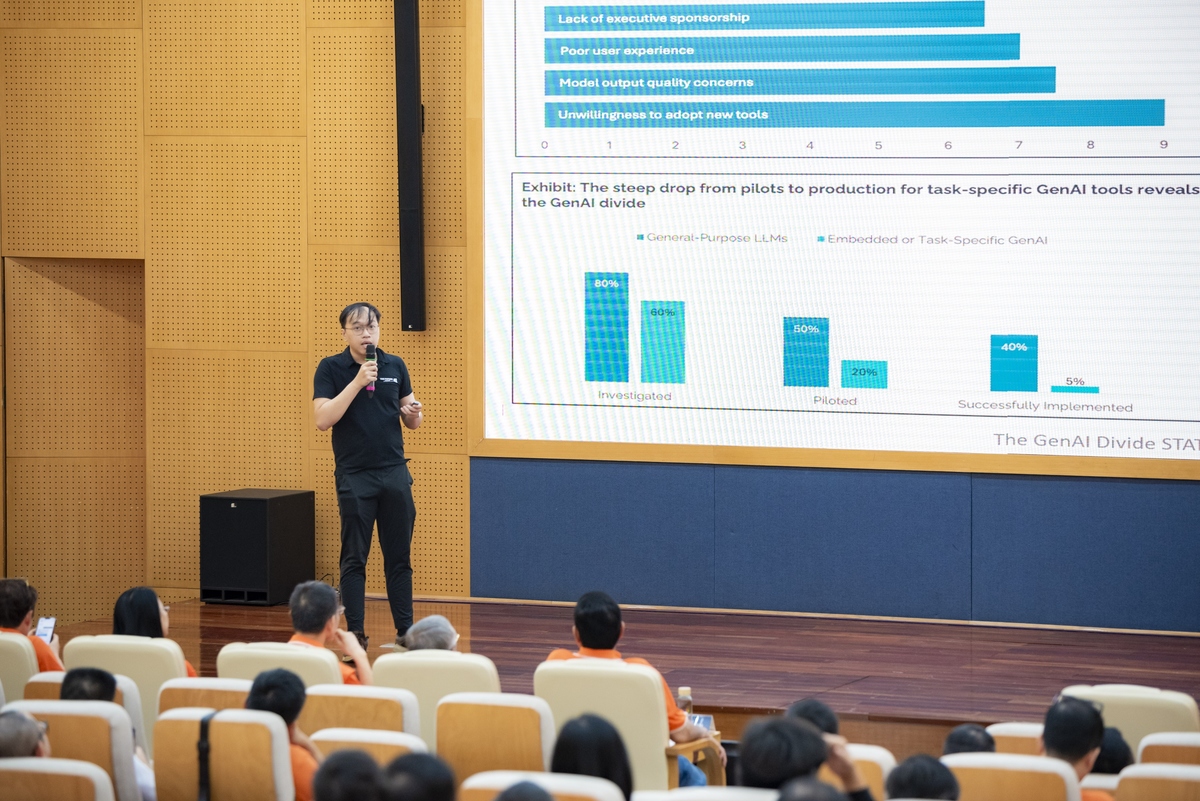 <p class="Normal"> Tiến sĩ Bùi Duy Quốc Nghị - Chuyên gia thuộc FPT Smart Cloud chia sẻ sâu về xu hướng AI toàn cầu. Anh cho biết năng lực AI xử lý tác vụ dài tăng gấp đôi sau mỗi 7 tháng. Anh khuyến nghị doanh nghiệp tích hợp AI sớm, phát triển AI-as-a-Service, dần thay thế lao động thủ công. Anh cũng giới thiệu nền tảng Wanzhi - hệ thống đa tác tử AI phối hợp quy trình liên ngành, cùng xu hướng Hybrid LLMs đang được các tập đoàn lớn áp dụng.</p>