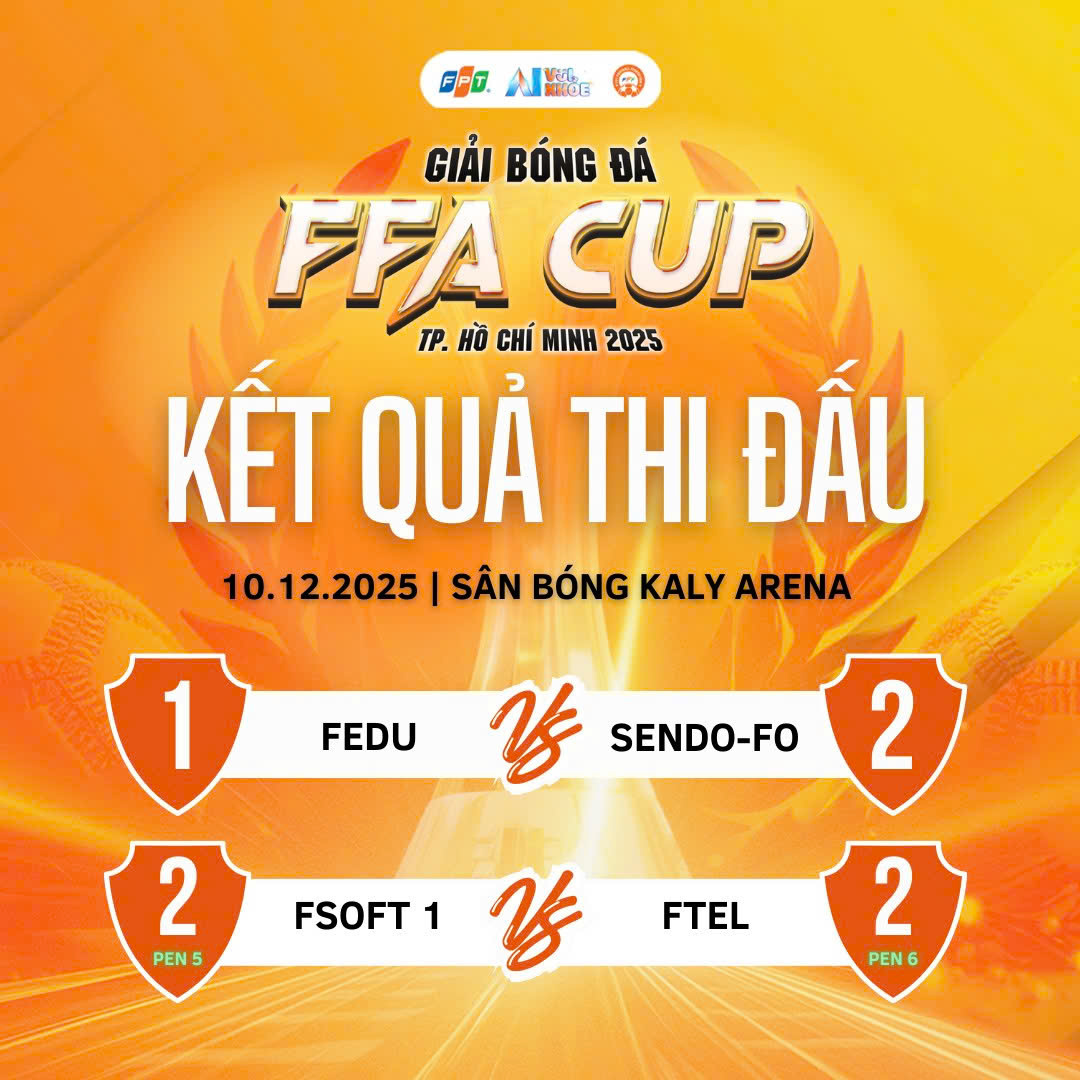 <p class="Normal" style="text-align:justify;"> Ngày 14/12 sắp tới sẽ diễn ra trận chung kết và tranh hạng Ba của FFA Cup 2025 - cũng là ngày thi đấu cuối cùng, khép lại hành trình đầy nỗ lực và tự hào của các tuyển thủ nhà F. Liệu FTEL có giữ vững chuỗi ngôi vương, hay tân binh ‘nhỏ nhưng có võ’ Liên quân Sendo-FO sẽ làm nên lịch sử?<br /> Hãy cùng chờ đón trận cầu nảy lửa vào cuối tuần này!</p>