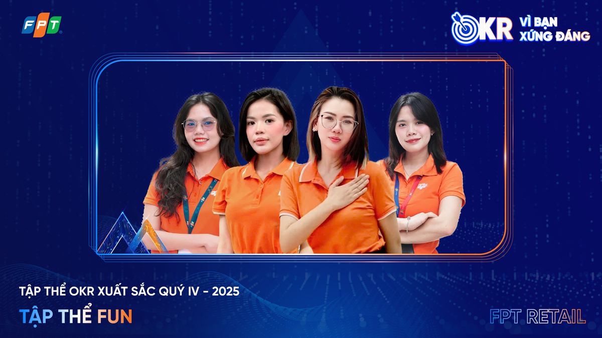 <p class="Normal"> <strong>Tập thể FUN - FPT Retail </strong>không chạy OKR theo kiểu “sự kiện cho vui”, mà coi văn hóa là một năng lực vận hành tạo ra kết quả. Mục tiêu của team hướng đến là nâng cao trải nghiệm văn hóa cho CBNV, với 3 hướng bao gồm đổi mới format &lpar;hình thức&rpar; Hội nghị chiến lược để tạo trải nghiệm khác biệt, tạo cuộc thi văn hóa góp phần kiếm tiền bằng format ít tốn chi phí, cùng sáng tạo trong hỗ trợ CBNV để tăng trải nghiệm đồng hành. Thách thức đi kèm không hề nhẹ khi với sự kiện Hội nghị chiến lược, team đặt tỷ lệ tham gia hoạt động teambuilding lên tới 70%, sự kiện Gala 100%, 6/6 đội thi STCo phải hòa trộn FPT Shop và Long Châu với sự tham gia của tối thiểu 30 đại biểu mỗi đội. Bên cạnh đó, team phải tổ chức ít nhất một cuộc thi đồng hành kinh doanh, tham gia iKhiến và đạt giải, đồng thời hỗ trợ 100% CBNV chịu thiệt hại lớn bởi thiên tai với quy mô tối thiểu 300 người.</p> <p class="Normal"> Kết quả FUN tạo ra là một “combo” vừa gắn kết, vừa tạo doanh thu, vừa tử tế với đồng đội. 80% đại biểu tham gia teambuilding với hơn 400 người dự, sự kiện Gala đạt 100% với hơn 500 người, tổ chức thành công concert Dòng chảy Thanh âm với chất lượng chuyên nghiệp và màu sắc hòa trộn FPT Shop - Long Châu. FUN cũng tổ chức 3 cuộc thi review dòng sản phẩm chiến lược, đạt 100% shop dự thi với hơn 1.500 clip, hỗ trợ ngành hàng tăng doanh thu 10 tỷ đồng; giành giải Vàng iKhiến 2025 &lpar;bảng Văn hoá&rpar; với sáng kiến “FRT iReview”. Về đồng hành, FUN đã theo sát tình hình thiên tai để cảnh báo, kịp thời hỗ trợ hơn 1.000 CBNV bị thiệt hại, ứng cứu lương thực khẩn cấp cho hơn 150 cửa hàng ngập lụt và trực tiếp thăm hỏi hàng trăm gia đình. Cách làm nổi bật của team nằm ở tư duy “văn hóa đồng hành kinh doanh”, vận hành theo mô hình khép kín “Phát động - Sáng tạo - Lan tỏa - Đo lường - Ghi nhận”.</p>