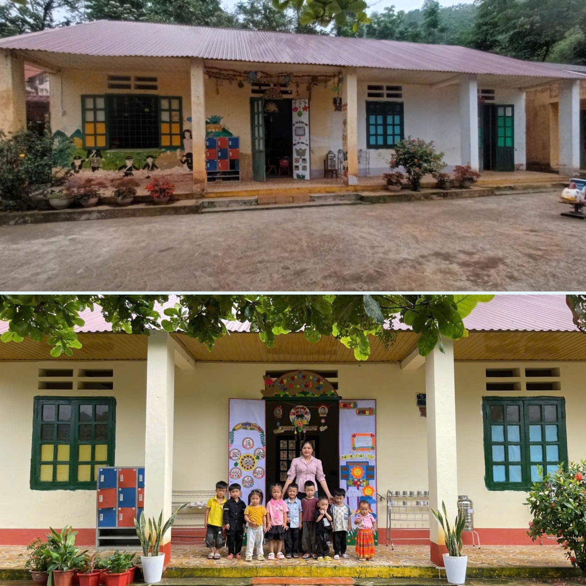 <p class="Normal"> Trường mầm non Bản Vược, điểm Sơn Hà 1 &lpar;Lào Cai&rpar; <span>trước và sau dự án “Trường em thay áo mới”.  </span><span>Tường được sơn màu vàng nhạt, trang trí họa tiết ngộ nghĩnh, không gian học tập an toàn và thân thiện.</span></p>