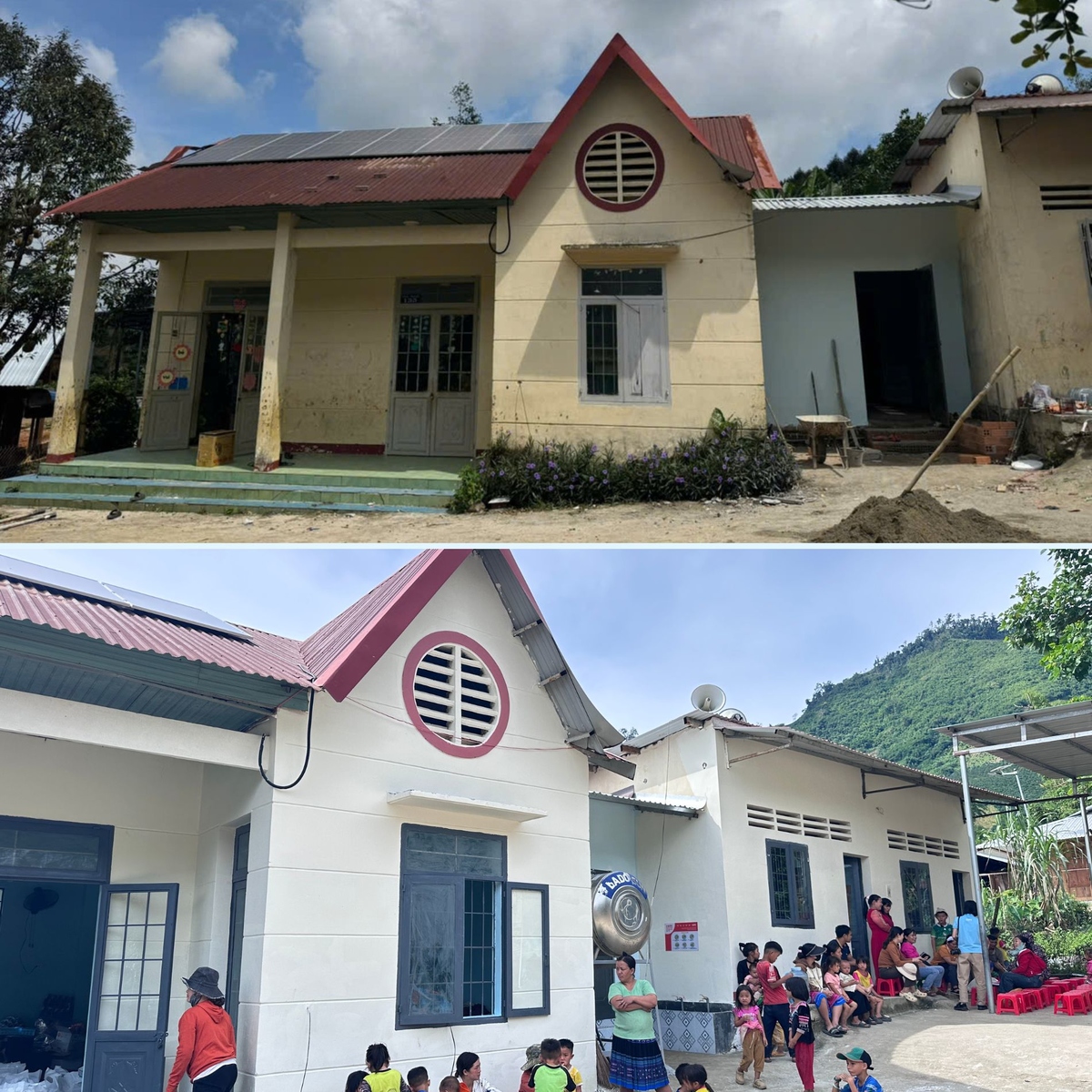 <p> Tại Trường mẫu giáo Hoa Đào, điểm NamSony &lpar;Lâm Đồng&rpar;,<span> tường bạc màu, nền gạch vỡ được thay bằng</span><span> tường sơn vàng dịu, bảng mới, lớp học khang trang.</span></p>