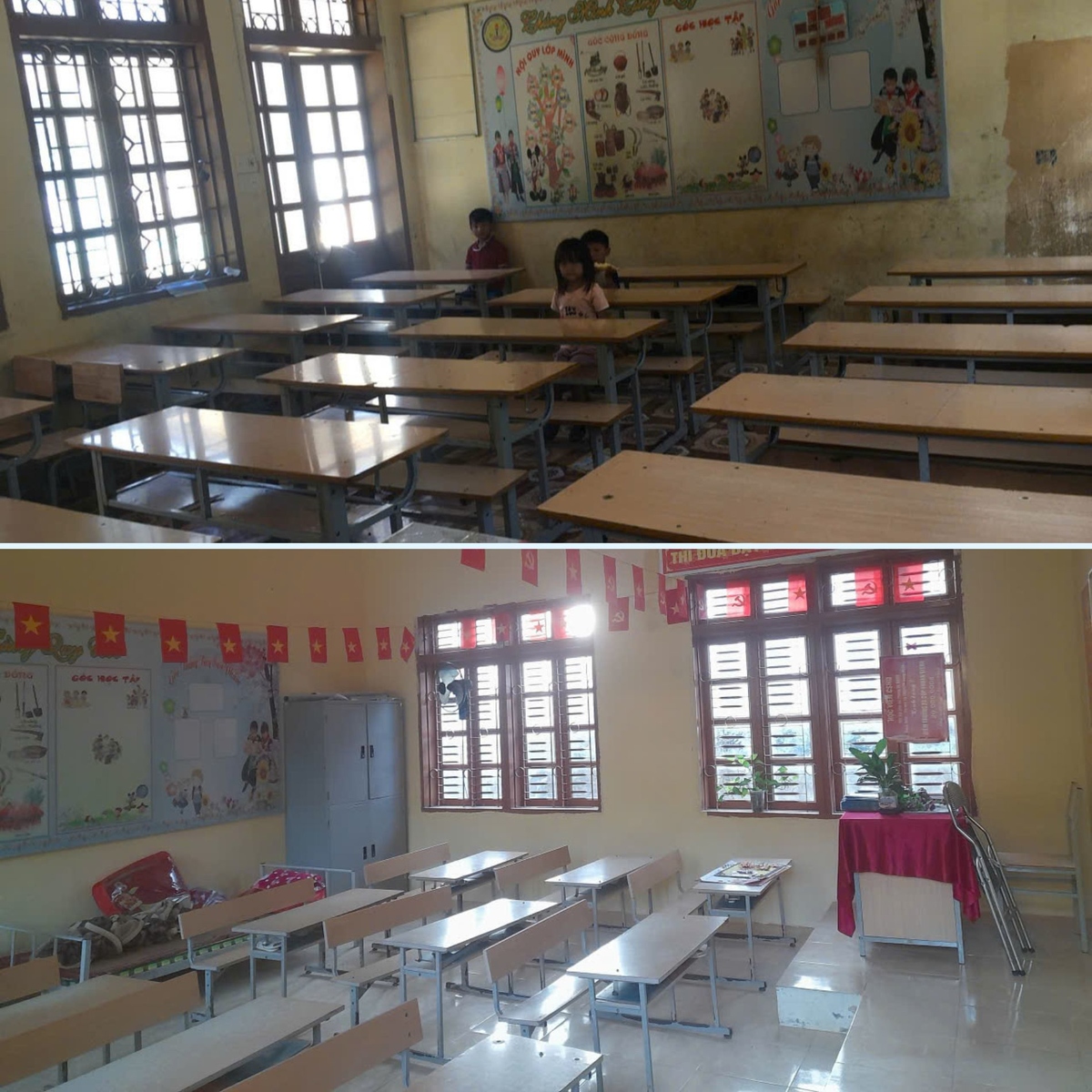 <p class="Normal"> Từ những mảng tường bong tróc, ánh sáng yếu &lpar;ảnh trên&rpar;, lớp học nay trở nên khang trang, ấm áp hơn &lpar;ảnh dưới&rpar;.</p> <p class="Normal"> “Trước đây, giáo viên vừa dạy vừa lo. Nay lớp học được sơn sửa mới, chúng tôi yên tâm hơn về sự an toàn và sức khỏe của các con, nhất là trong mùa đông giá rét này,” bà Khuất Thị Hoa, Hiệu trưởng trường Tiểu học Vân Hồ &lpar;Sơn La&rpar; chia sẻ.</p>