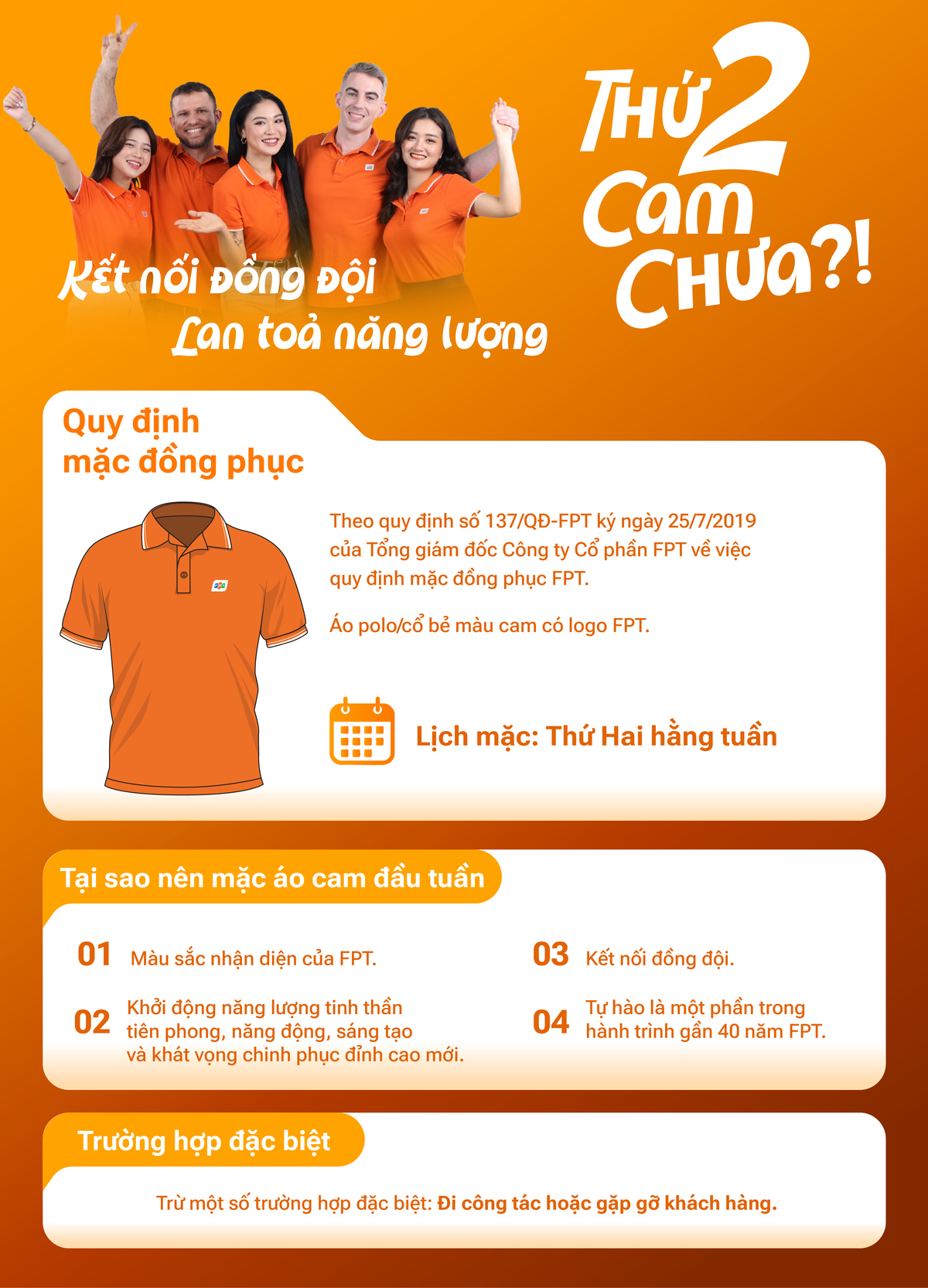 <p class="Normal" style="text-align:justify;"> Song song đó, do đặc thù công việc, các khối FPT Shop và Nhà thuốc Long Châu của nhà Bán lẻ vẫn mặc đồng phục đơn vị thay vì áo cam như quy định.</p>